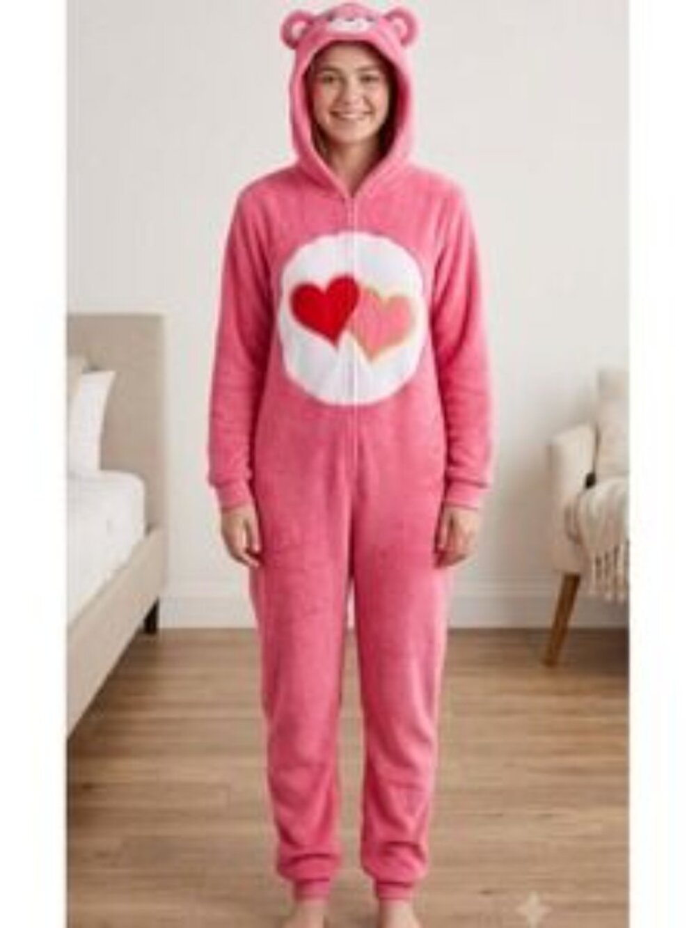Care Bears Adult Always There Bear Heart Belly Onesie Halloween Costume Size S/M